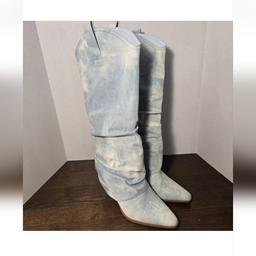 Womens Denim Boots Size 8 Pointed Toe KneeHigh Boots Block Heels Pull on Western